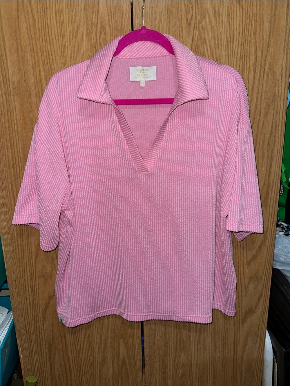 Simply Southern Pink Ribbed Short Sleeve Polo V-Neck Top